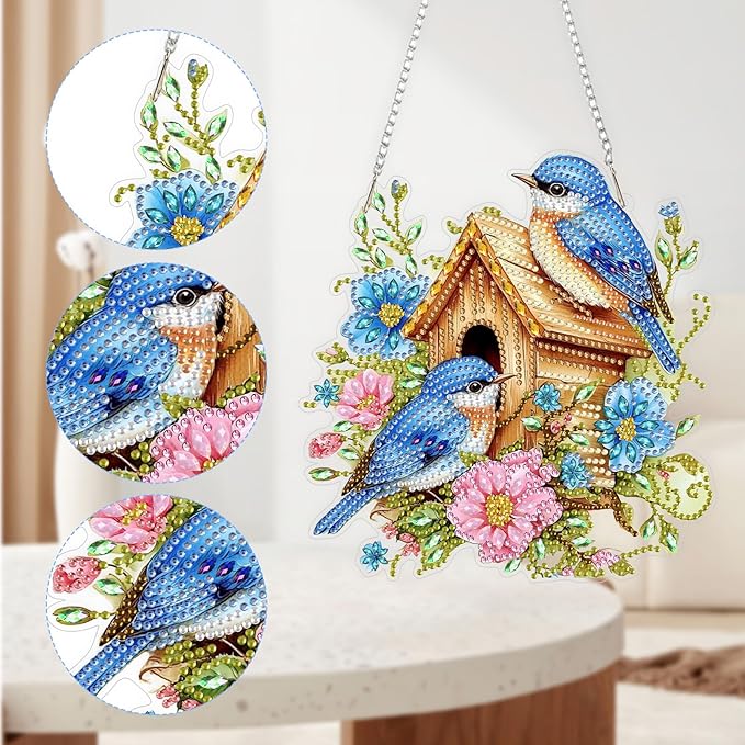 QENSPE Blue Bird Diamond Art Hanging Kits for Adults, 5D Special Shape Diamond Paingting Ornaments Kits with Chain, DIY Flowers Crystal Window Pendants for Home Garden Wall Decor Double Sided 8X8 inch