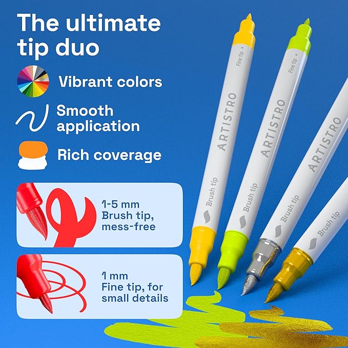 ARTISTRO 24 Acrylic Paint Markers - Paint Pens for Drawing, Brush + Fine Tips - For Fabric, Rock, Glass, Wood, DIY, Eggs - Art & Craft Supplies for Adults, Teens, Kids - Easter Basket Stuffers