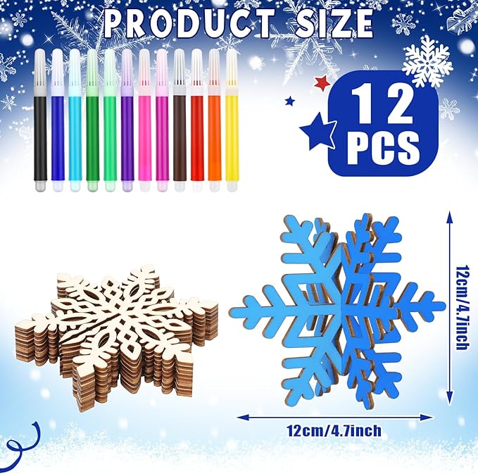 Blosssound 48 Pcs Winter Crafts Set 36 Pcs 3D Wood Snowflake Cutouts Wooden Unfinished Snowflake Slices to Paint with 12 Colored Marker for Winter Wonderland Decoration Christmas DIY Handmade Project