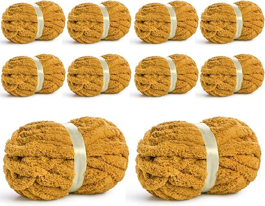 10 Pack Jumbo Chenille Yarn for Crocheting, #10 Super Bulky Baby Soft Yarn for Hand Knitting, 220 yds /70.5 oz Fluffy Chunky Knit Throw Blanket Yarn (Turmeric)