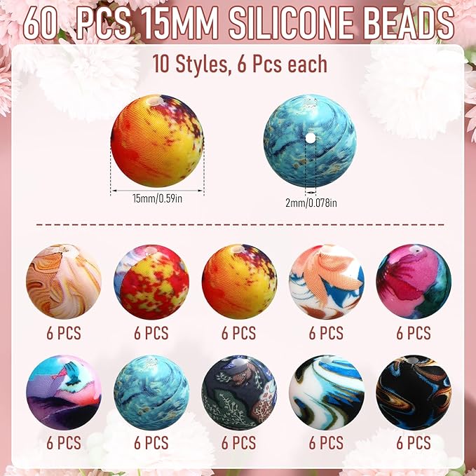 Ferreve 60 Pcs 15mm Silicone Beads Bulk Galaxy Print Round Focal Beads Rubber DIY Silicone Loose Bead for Bracelet Making Kit for Keychain Pens Necklace Bracelets Jewelry Making