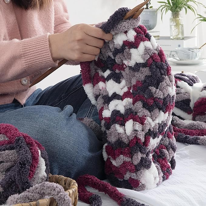 HOMBYS Chunky Tie Dye Mix Chenille Yarn for Hand Knitting, Super Bulky Jumbo Yarn for Crocheting, 3/4" Thick Soft Plush Yarn for Blankets, 8 Skein Pack (26 yds / 7.5 oz Each) Wine Red Grey White
