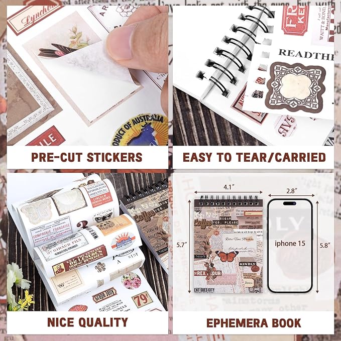 RISYPISY Pre-Cut Vintage Sticker Book for Scrapbooking - 622PCS Journaling Dark Academia Washi Stickers, Ephemera for Junk Journal Supplies 50 Sheets Orange Sticker for Journaling