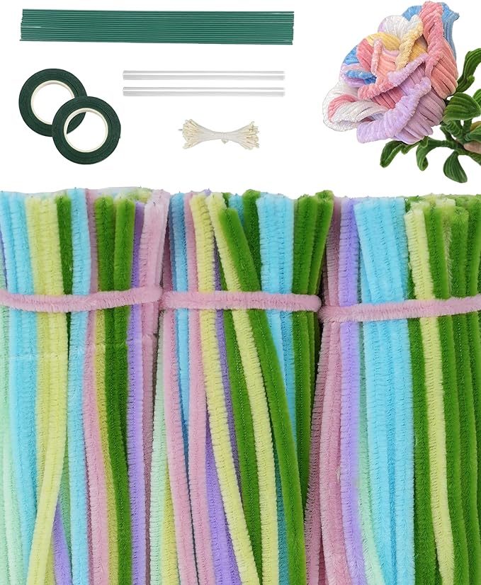 300 Pcs Thick Pipe Cleaners,Craft Supplies Floral Bonquet,DIY Flower Making Kit for Starter with Floral Wires, Gardening Tape,Stamen (7-Rainbow Macaron Palette)