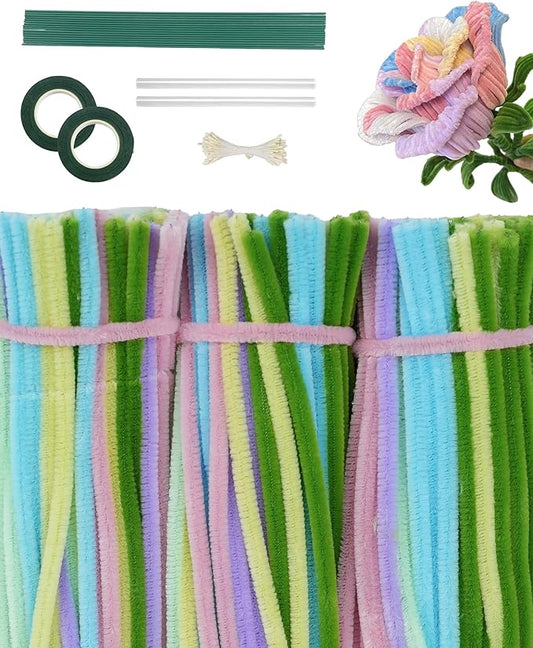 300 Pcs Thick Pipe Cleaners,Craft Supplies Floral Bonquet,DIY Flower Making Kit for Starter with Floral Wires, Gardening Tape,Stamen (7-Rainbow Macaron Palette)