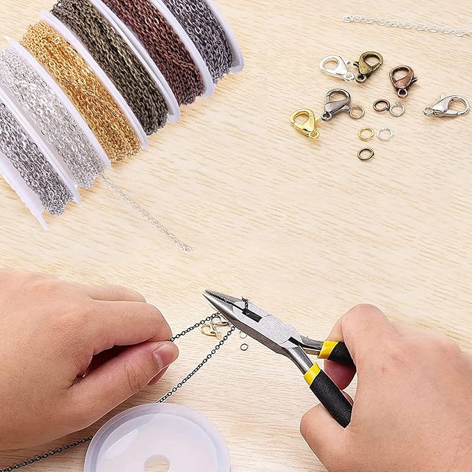 jishi chains jewelry making supplies, 60ft cable link chains for making jewelry necklace earring bracelet findings diy craft kit for adults, 6-color 2mm gold silver copper plated metal link rolls bulk