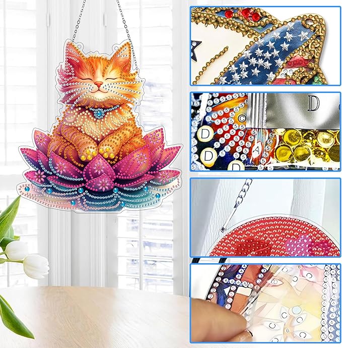 Reofrey Hanging Diamond Art Kits for Adults - 8x8 Inch Cat Acrylic Board Double Sided Pattern Diamond Art Suncatcher Pendant, DIY Crystal Art for Home Wall or Window Decoration Handmade Gift