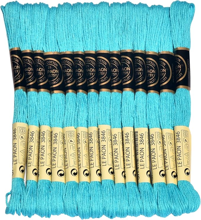 LE PAON Embroidery Floss, 14-Pack Six Strands 100% Long Staple Cotton Embroidery Thread, 8.7-Yard，Color Number：3846, Light Bright Turquoise