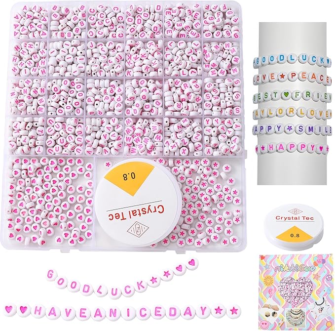 nikkiGuo 1250pcs 4x7mm White Round Acrylic Alphabet Beads A-Z Heart Beads with Numbers Crystal Line for Jewelry Bracelet, Necklace and Key Chains(Hot Pink White Colorful)