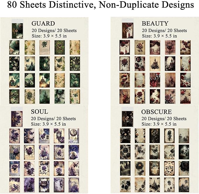 80 Sheets Gothic Scrapbook Paper for Scrapbook Kit, Vintage Ephemera for Junk Journals, Magic Decoupage Paper for Journaling Supplies , Dark Academia Wall Decor Room for Home Decorations