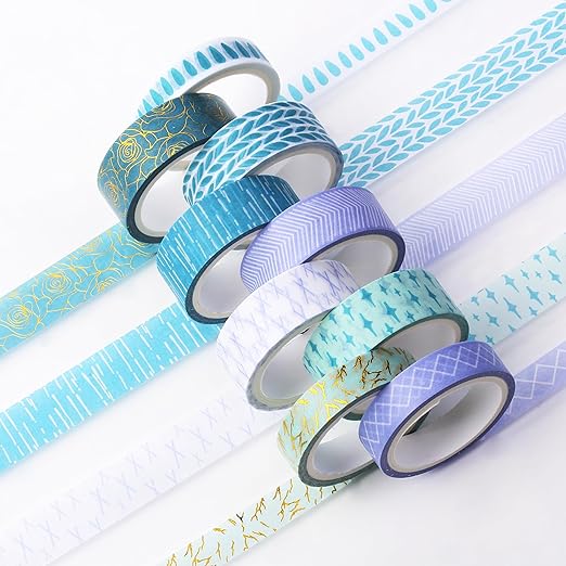 Mr. Pen- Washi Tape Set, 15 Rolls, 5 Yards/Roll, Ocean Breez Design, Gold Foil Washi Tape for Journaling, (6 x 15mm, 6 x 10mm & 3 x 7mm Wide)