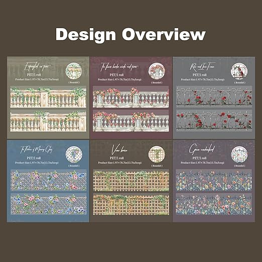 Floral Trellis PET Tape Set - 6 Rolls of Seamless Vintage Balcony & Vine Designs with 1 Metal Clip, Self-Adhesive Waterproof Decorative Tapes for Scrapbook Journal and DIY Décor