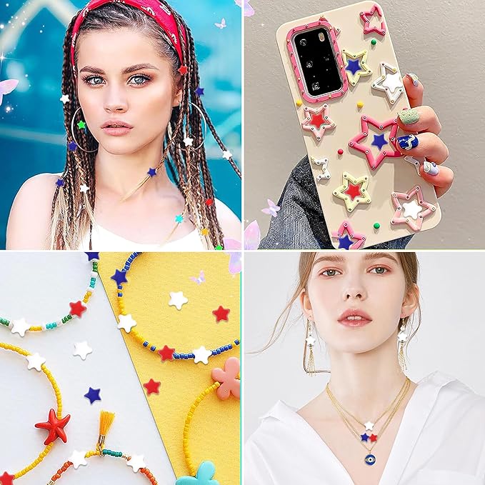 Red White Blue Star Pony Beads for Bracelet 1000 Pcs Independence Day for Jewelry Making Plastic Beads for Friendship Bracelets 6x9mm Beads for Hair Braiding(Red White Blue Stars)