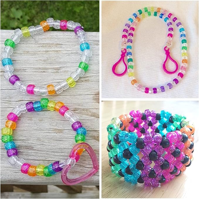 simetufy 1200 pcs pony beads 6x9mm glitter clear plastic beads transparent beads with sparkling glitter assorted 10 colors for diy craft jewelry bracelets making, hair braiding, keychains ornaments