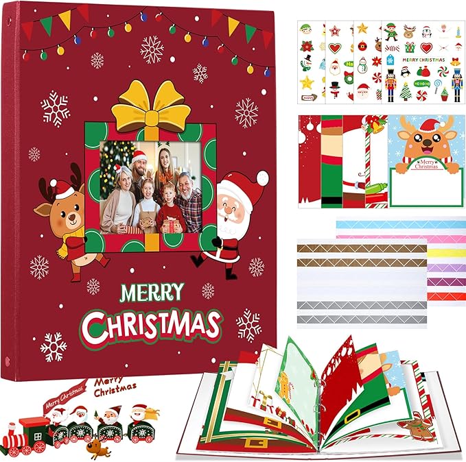 Jetec Christmas Photo Album Scrapbook 80 Page 12.5 x 10.8 x 2.1 Inch 3 Rings Removable Christmas Memory Book DIY Scrapbook Kit with Stickers Holds 4 x 6 5 x 7 8 x 10 Pictures for Xmas Gifts (Cute)