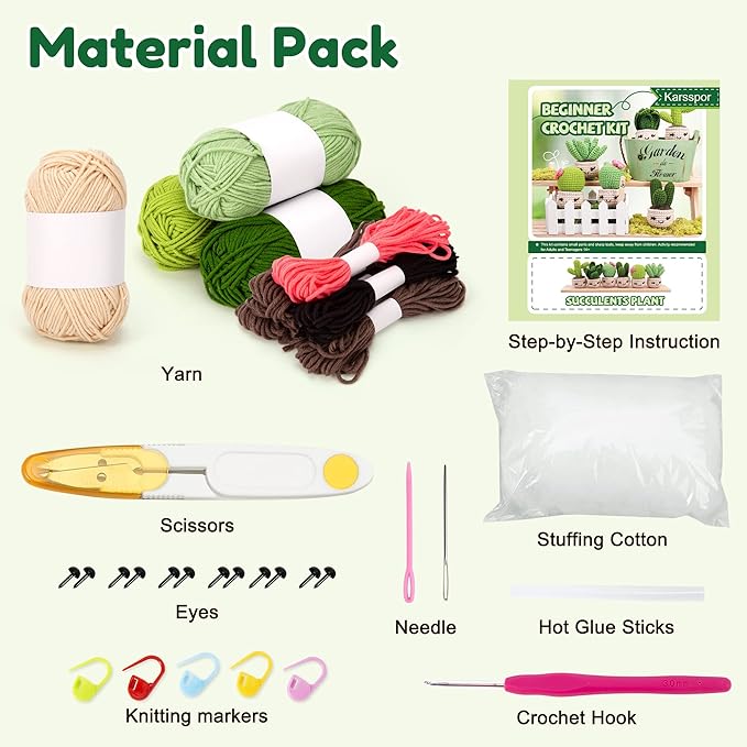 Karspor Crochet Beginner Kit, Beginner Crochet Starter Kit for Adult, Crochets Set- 6 PCS Crocheting Succulents, Step-by-Step Instructions & Video Tutorials, Learn to Knitting Kits for Adults Beginner