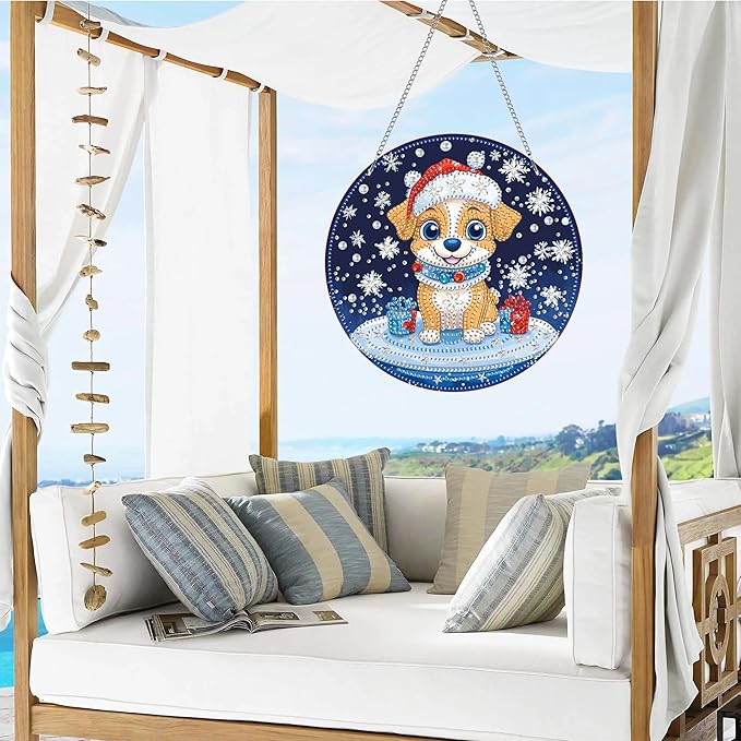 VAIIEYO Christmas Diamond Art Hanging Ornament, Dog Diamond Painting Suncatchers Window Hanging Kit with Chain, 7.5x7.5 inch Crystal Pendant Art Craft for Gift Home Wall Front Door Decoration