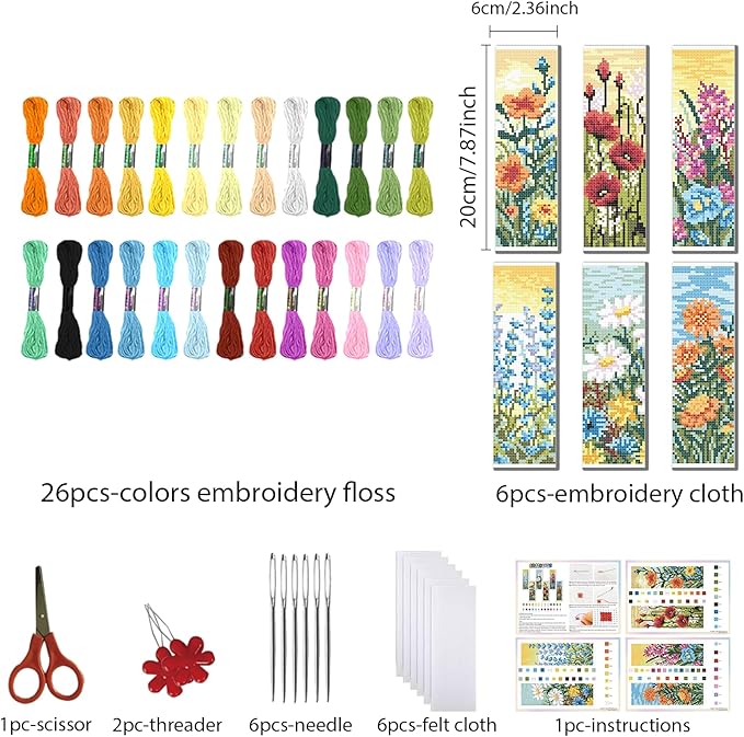 FREEBLOSS 6 Set Cross Stitch Bookmark Kit Wild Flowers Pattern Stamped Cross Stitch Kit 11CT Embroidery Kits with Instructions for Beginners Adult 20x6cm/8x2.4inch