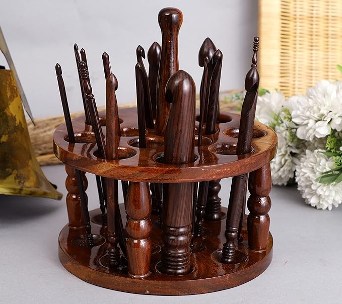 Brainmart Wooden Crochet Hooks, Set of 15 Premium Rosewood Knitting Hooks, 3.5mm(E) to 25mm(P) with Holder Ergonomic Knitting Needles, Perfect for Knitters & Crocheting