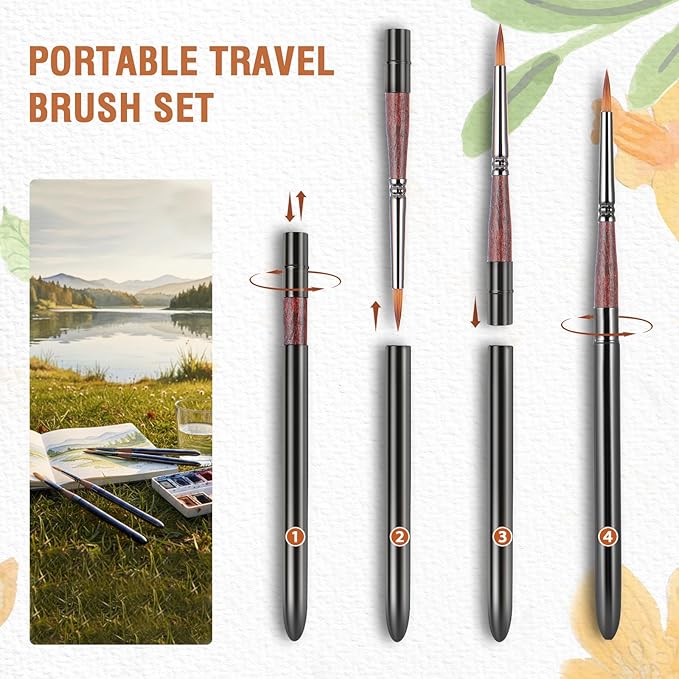 Falling in Art Travel Watercolor Brushes, 4 Pcs Travel Paintbrush Set with Leather Pouch for Acrylic, Gouache, Oil and Watercolor Painting