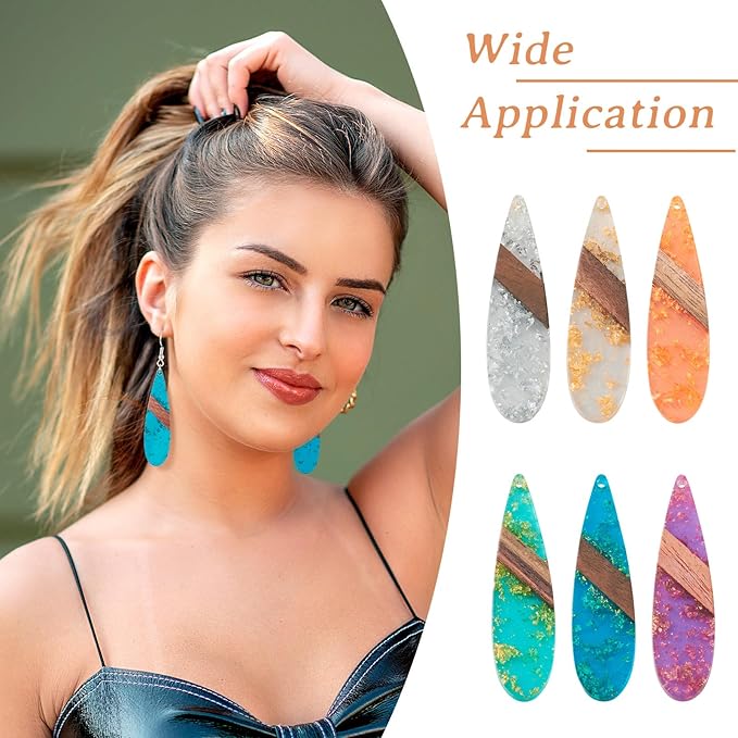 Beadthoven Transparent Teardrop Big Pendants for Jewelry Making, 12Pcs/6 Pairs Resin Wood Charms Glittery Crystal Pendants for Women Wood Earrings Necklace Bookmarks Making DIY Crafts Supplies