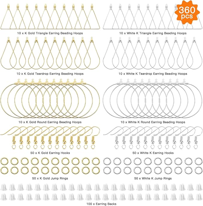 360pcs earring making kit earring hoops for jewelry making, with teardrop triangle round beading hoop,earring hooks,jump rings,earring backs for diy earring craft(k gold,white k)