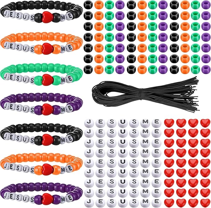 Ferreve 35 Sets Halloween Religious Bead Wristband Craft Kit Jesus Love Me Faith DIY Bead Craft Kit Love Letter Charms for Vbs Week Christian Bible Verse Gifts Making