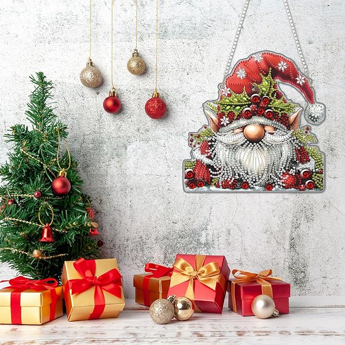 DOMROM Gnome Diamond Art Hanging Kits for Adults Beginners, Christmas Special Shaped Crystal Diamond Painting Gnome Pendant, DIY Diamond Art Suncatchers for Home Garden Wall Decor Gift