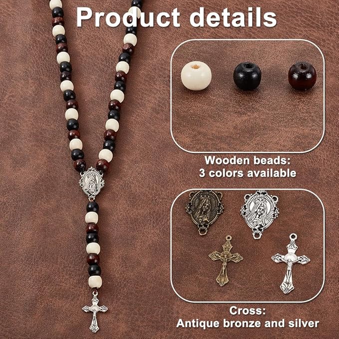 PH PandaHall 744pcs Rosary Jewelry Making Kit First Communion Necklace Natural Wood Beads Making Set Cross Centerpiece Alloy Chandelier and Beading Wires for Easter Eid Mubarak Ramadan