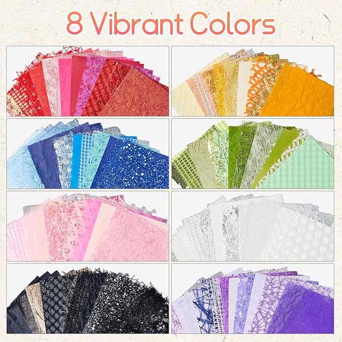 208 Sheets Textured Scrapbook Paper and Mesh Fabric Assorted Set - 8 Color Mixed Special Scrapbooking Papers for Planner Bullet Junk Journaling Supplies Handmade Collage Craft Kit,5.9x4.7 Inch