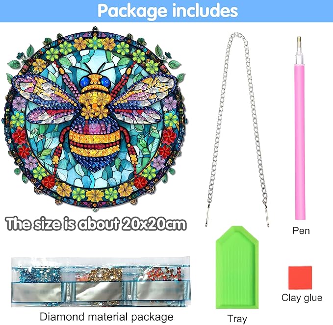 Reofrey Hanging Diamond Art Kits for Adults - 8x8 Inch Bee Acrylic Board Double Sided Pattern Diamond Painting Suncatcher Pendant, DIY Crystal Art for Home Wall or Window Decoration Handmade Gift