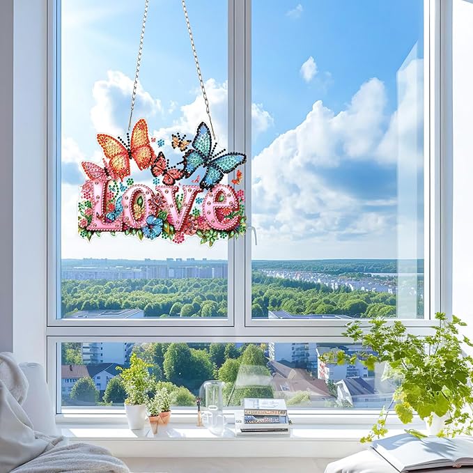 KEYIFA Love Diamond Painting Kit, DIY Butterfly Diamond Art for Adults, Diamonds Pendant Special Shaped Rhinestone Window Hanging Ornaments Home Garden Wall Door Decoration, 20cm Width