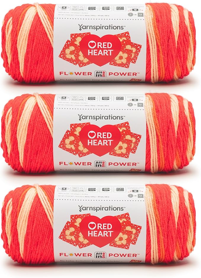Red Heart All in ONE Flower Power red hot Phlox Yarn - 3 Pack of 8.8oz/250g - 100% Acrylic - #4 Worsted (Medium) - 440 Yards - Knitting/Crochet