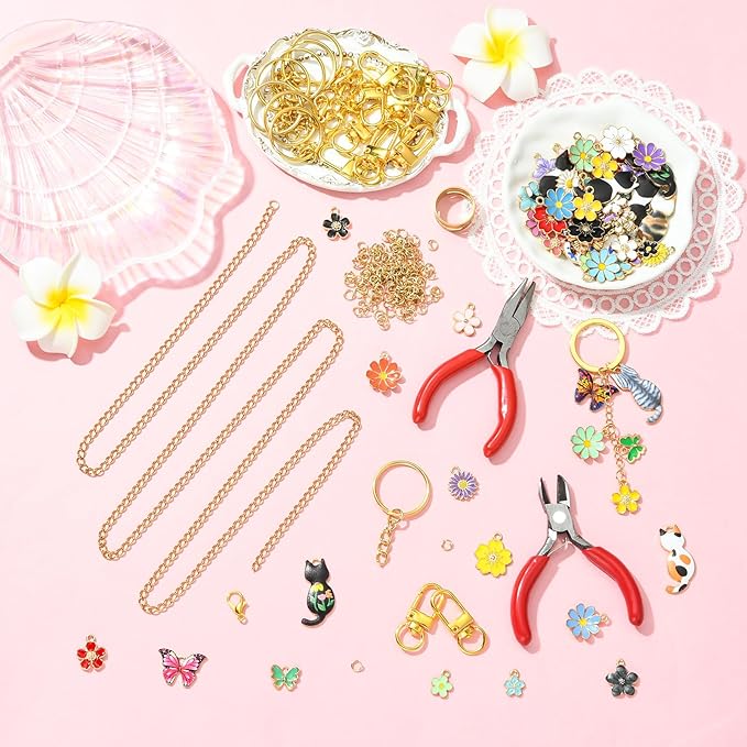 Ornaland 288 Pcs Lip Gloss Keychain Making Kit Jewelry Plier Bracelet Necklace Lanyard Making Kit Include Chains Jump Rings Clasps Alloy Enamel Charms for DIY Craft（Mixed Color）