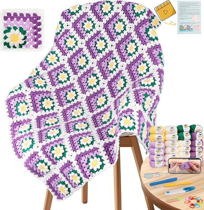 Coopay Blanket Crochet Kit for Beginners, All-in-One Granny Square Blanket Kit with Step-by-Step Video & Enough Yarns - Master 3D Granny Square Crocheting Easily, Ideal Gift for Craft Lovers (Purple)