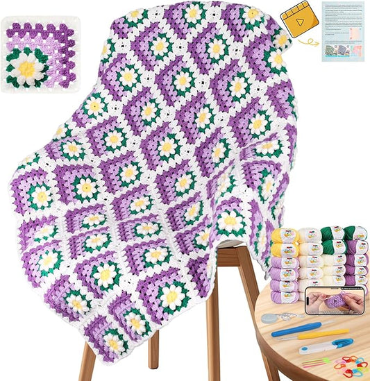 Coopay Blanket Crochet Kit for Beginners, All-in-One Granny Square Blanket Kit with Step-by-Step Video & Enough Yarns - Master 3D Granny Square Crocheting Easily, Ideal Gift for Craft Lovers (Purple)