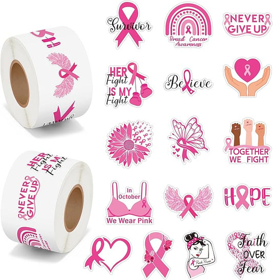 beyumi breast cancer awareness stickers - 1000pcs breast cancer awareness stickers in 2 rolls waterproof vinyl pink ribbon caring for women's health decals care about women laptop bottle luggage decor