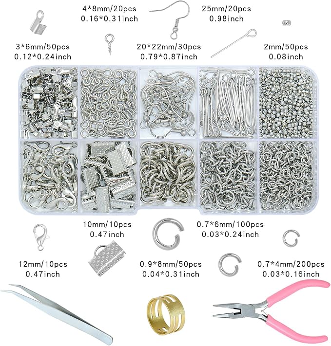 Gacuyi Jewelry Making Supplies Kit, Jewelry Repair Tools Kit with Pliers, Open Jump Rings, Lobster Clasps, Earring Hooks, Eye Pins, Findings and Beading Wires for Adults and Beginners (Silver)