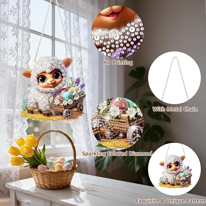 DOMROM Sheep Diamond Art Hanging Kits for Adults, Easter Special Shaped Crystal Diamond Painting Sheep Pendant, DIY Diamond Art Suncatchers Animal for Home Garden Wall Decor Gift