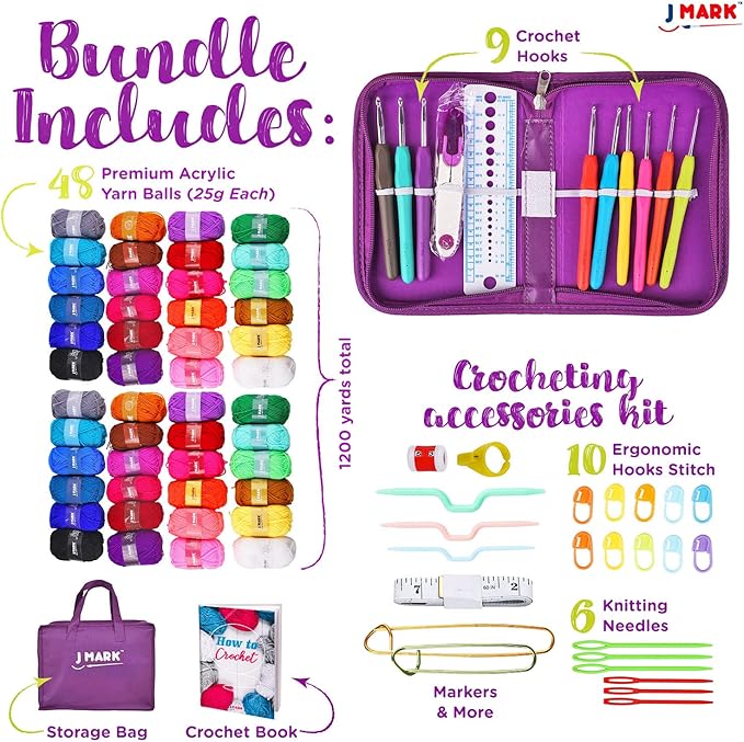J MARK Premium Crochet Kit -Includes 2,640 Yards of Acrylic Yarn for Crocheting Complete Crochet Set