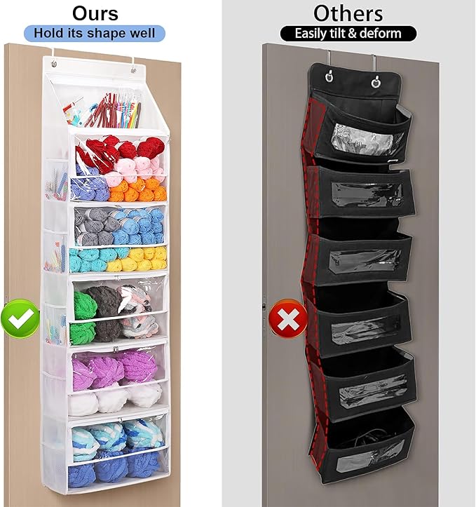 Hanging Yarn Storage Organizer, Large Capacity Knitting Organizer Storage with 6 Zipper Closure Compartments, Over the Door Hanging Yarn Holder for Knitting Needles Crochet Kit Crochet Hooks