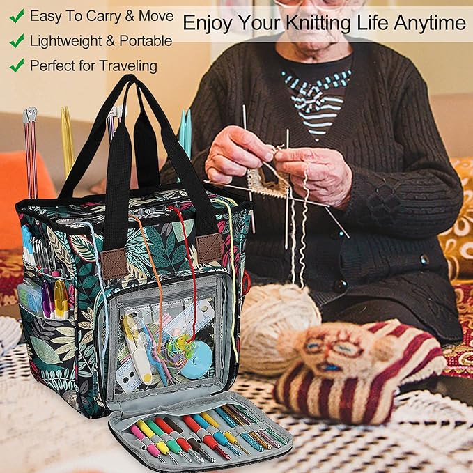 Coopay Crochet & Knitting Tote, Traveling Craft Tote Organizer for Hooks, Needles, Skein, Diamond Painting, Supplies (Forest Green)