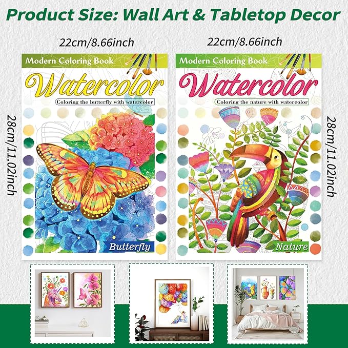 2Pcs Adults Water Coloring Book: 24 Advanced Exquisite Patterns – 100% Cotton 300gsm Paper, A4 Size – for Beginners & Professionals to Enhance & Consolidate Watercolor Techniques (Nature & Butterfly)