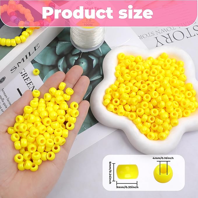 Plastic Pony Beads, 1000 Pcs, 6x9mm, for Bracelet, Hair Braiding, Friendship Bracelets, Jewelry Making (Yellow)
