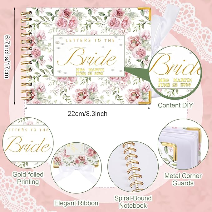 Wedding Guest Book Letters to The Bride Scrapbook Wedding Memory Book Bridal DIY Blank Paper Scrapbook Photo Album Guest Sign with Pearl Stickers(8.5 x 7 Inch,Rose Style,Pink)