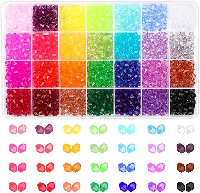 PAXCOO 1120Pcs Crystal Acrylic Bicone Beads for Jewelry Making, 28 Colors, 8 MM