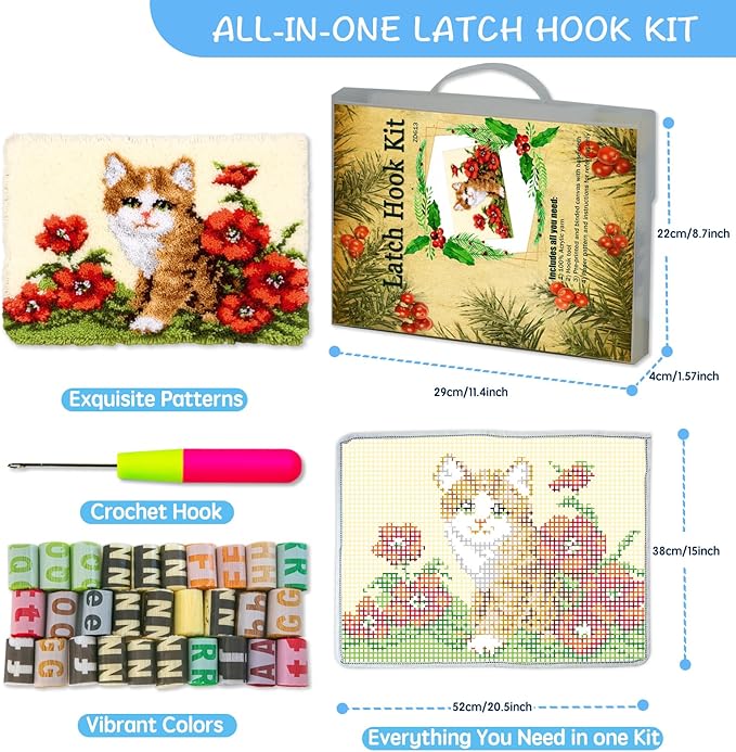 MIAOLLUN Latch Hook Kit Rug, Latch Hook Kits Cat with Pre-Printed Pattern for Adults and Kids 52X38cm/20.4 Inch X15 Inch