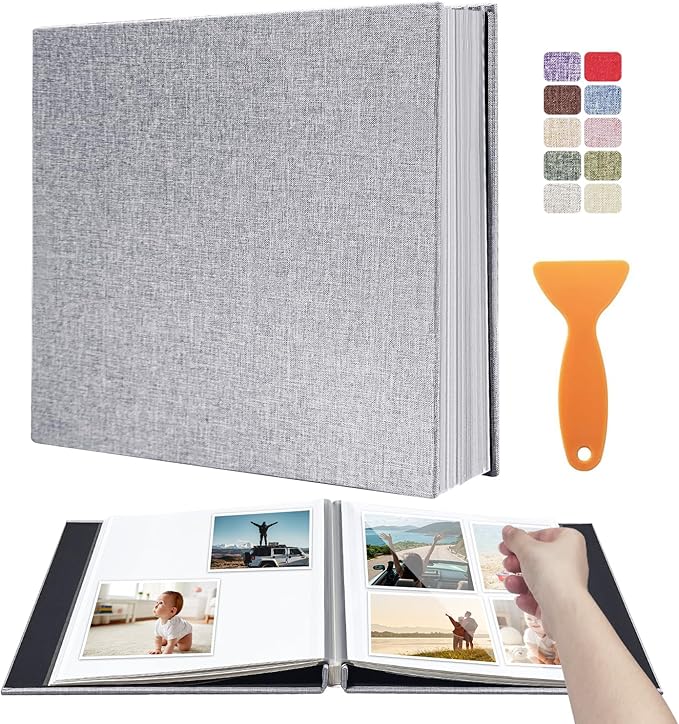 Photo Album Scrapbook – Holds 4x6, 5x7 & 8x10 Pictures – Self-Adhesive Pages for Baby, Wedding, Travel & Family Memories | Includes Metallic Pen & Scraper/Light Grey Large DIY Memory Book for Gifts