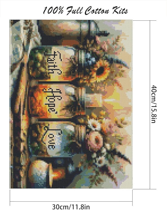 fotasmua cross stitch kits for adults - faith, hope, love wishing bottle stamped cross stitching ornament kits for beginners, counted embroidery needlepoint kit home decor 12 x 16 inch