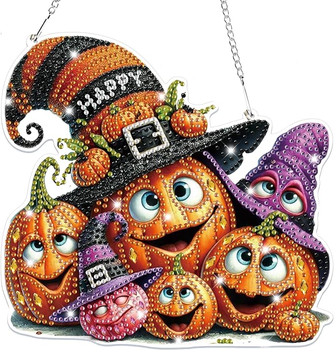 Bowetile Halloween Diamond Art Hanging Kits for Adults, Pumpkin Diamond Art Suncatchers, 5D Special Shape Diamond Painting Pendant Window Ornament Halloween Gifts for Home Garden Door Wall Decor